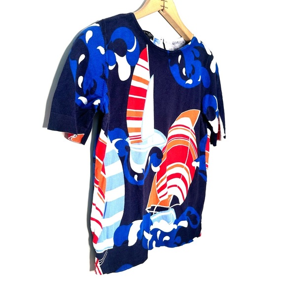 Talbot's | Nautical Geometric Sailboat Short Sleeve Sweater Size Medium Petite - Picture 2 of 5